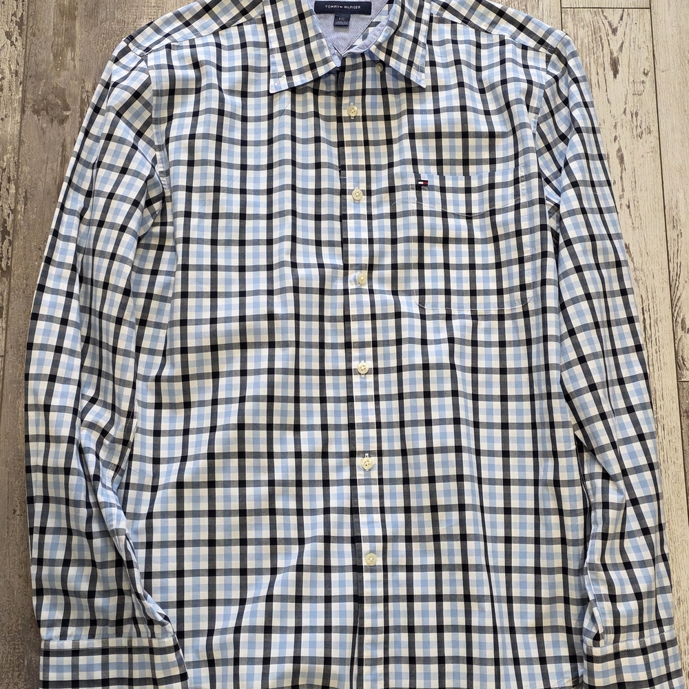 (L) Men's Tommy Hilfiger Button Down Shirt Checker Black Blue White Cotton Large